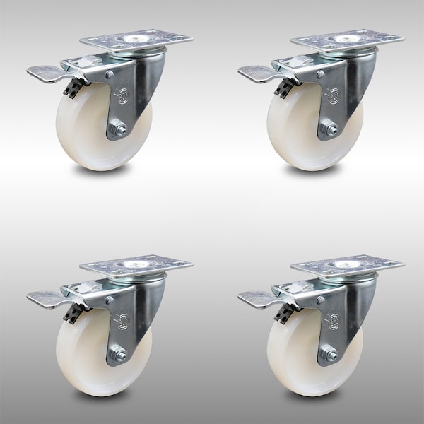 4 Inch SS Nylon Wheel Swivel Top Plate Caster Set with Total Lock Brake SCC